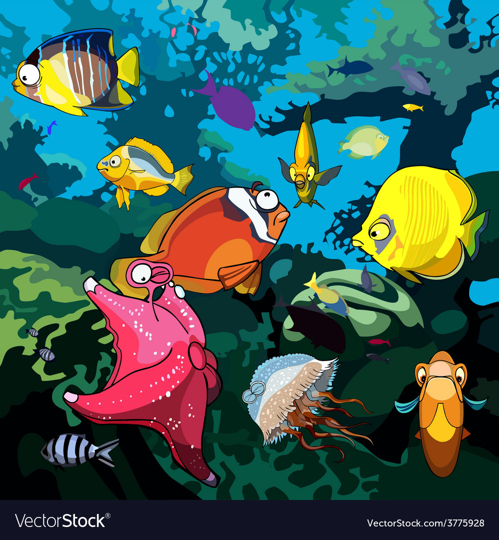 Cartoon underwater world with fish starfish Vector Image Cartoon underwater world with fish starfish Vector Image