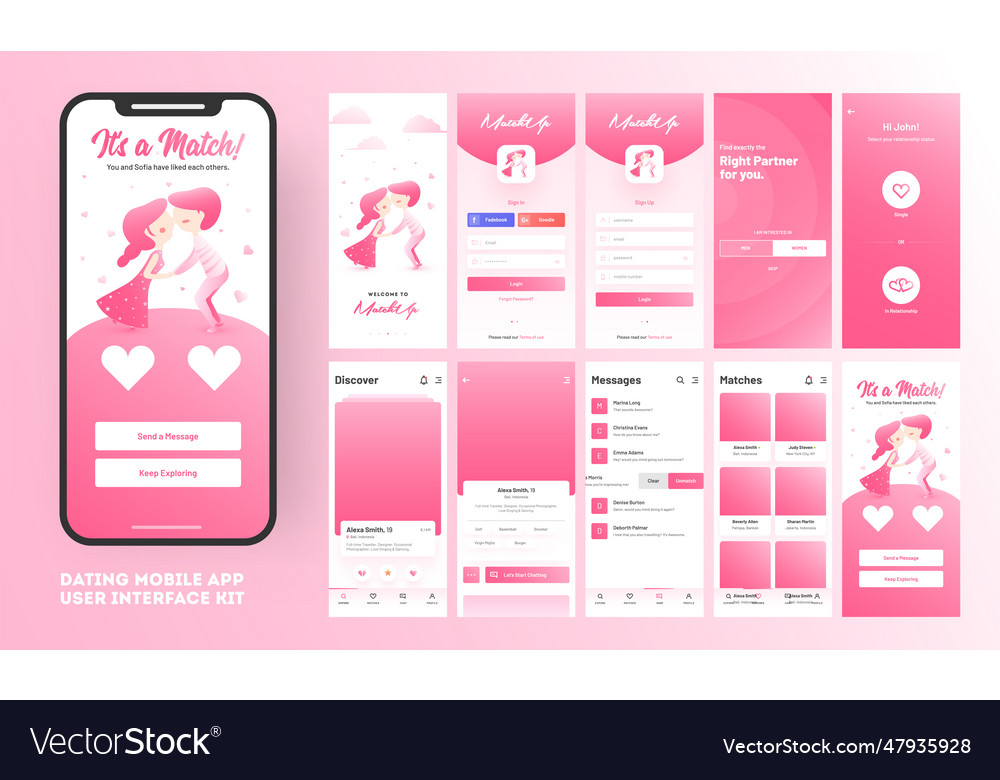 Dating app ui kit for responsive mobile vector image Dating app ui kit for responsive mobile