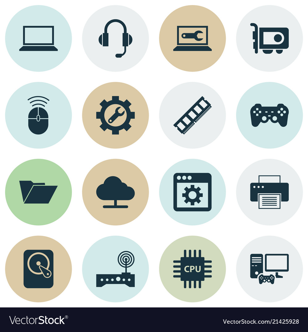 Gadget icons set with gamepad folder printer