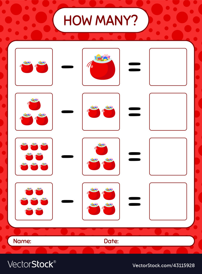 How many counting game with santas bag worksheet