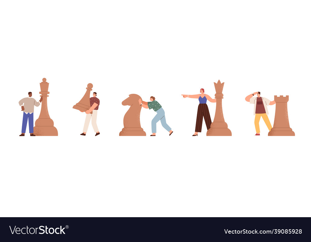 Set of tiny people with chess pieces business