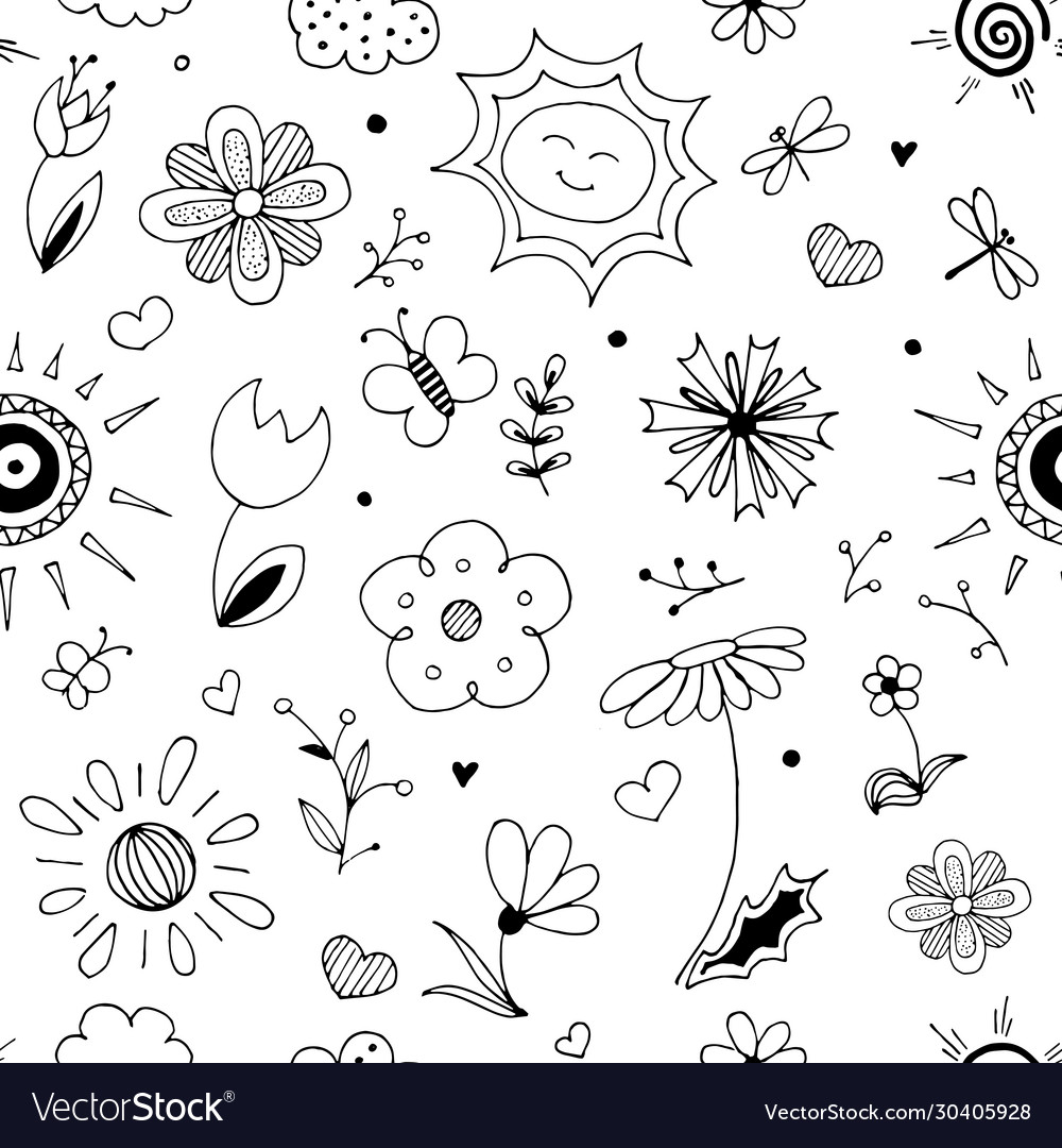 Spring doodle style pattern seamless vector image Spring doodle style pattern seamless