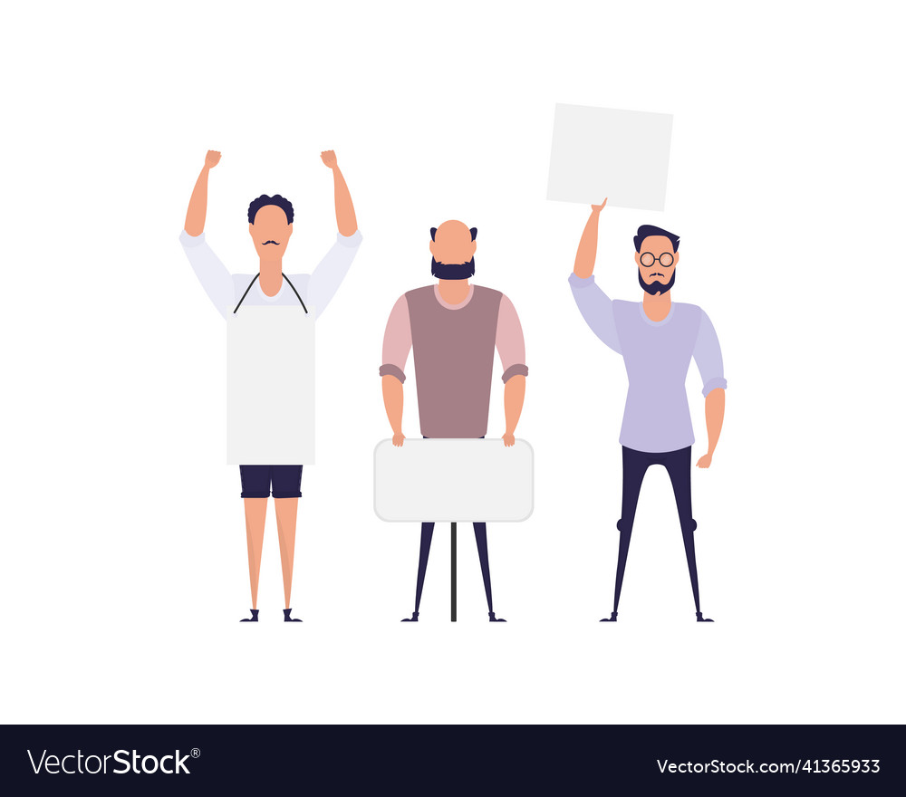 Protesting men with an empty banner isolated
