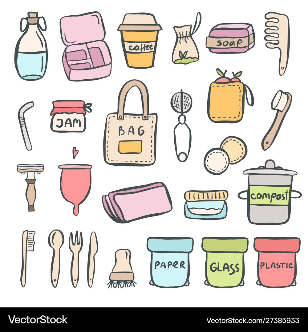 Set hand drawn elements zero waste life Royalty Free Vector