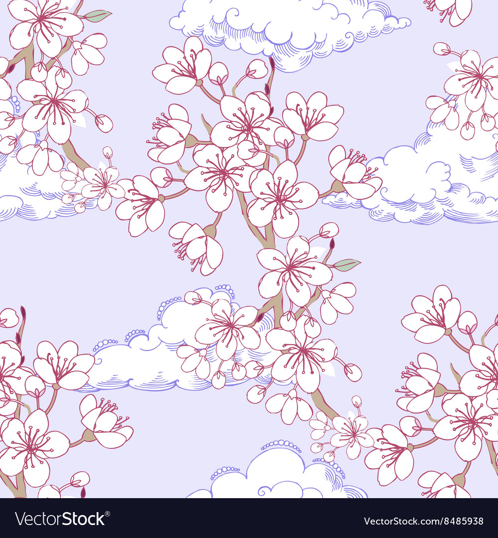 Seamless pattern with sakura and clouds