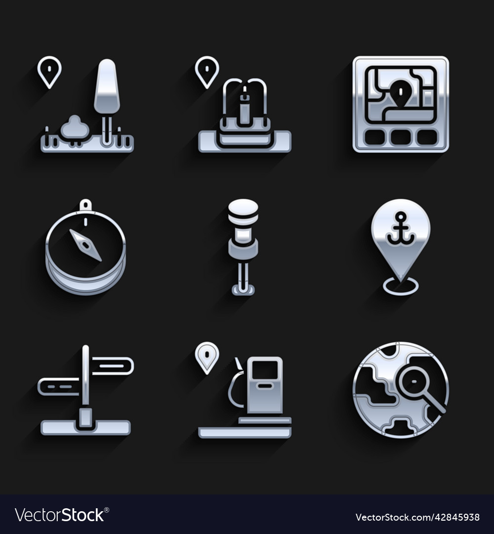 Set push pin location and gas station magnifying vector image Set push pin location and gas station magnifying