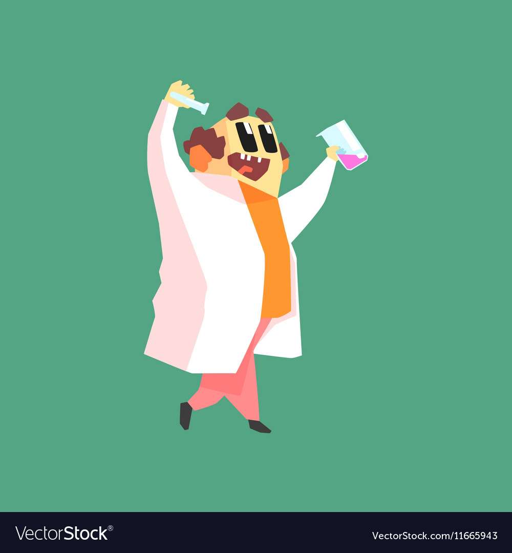Funny scientist in lab coat walking with two test