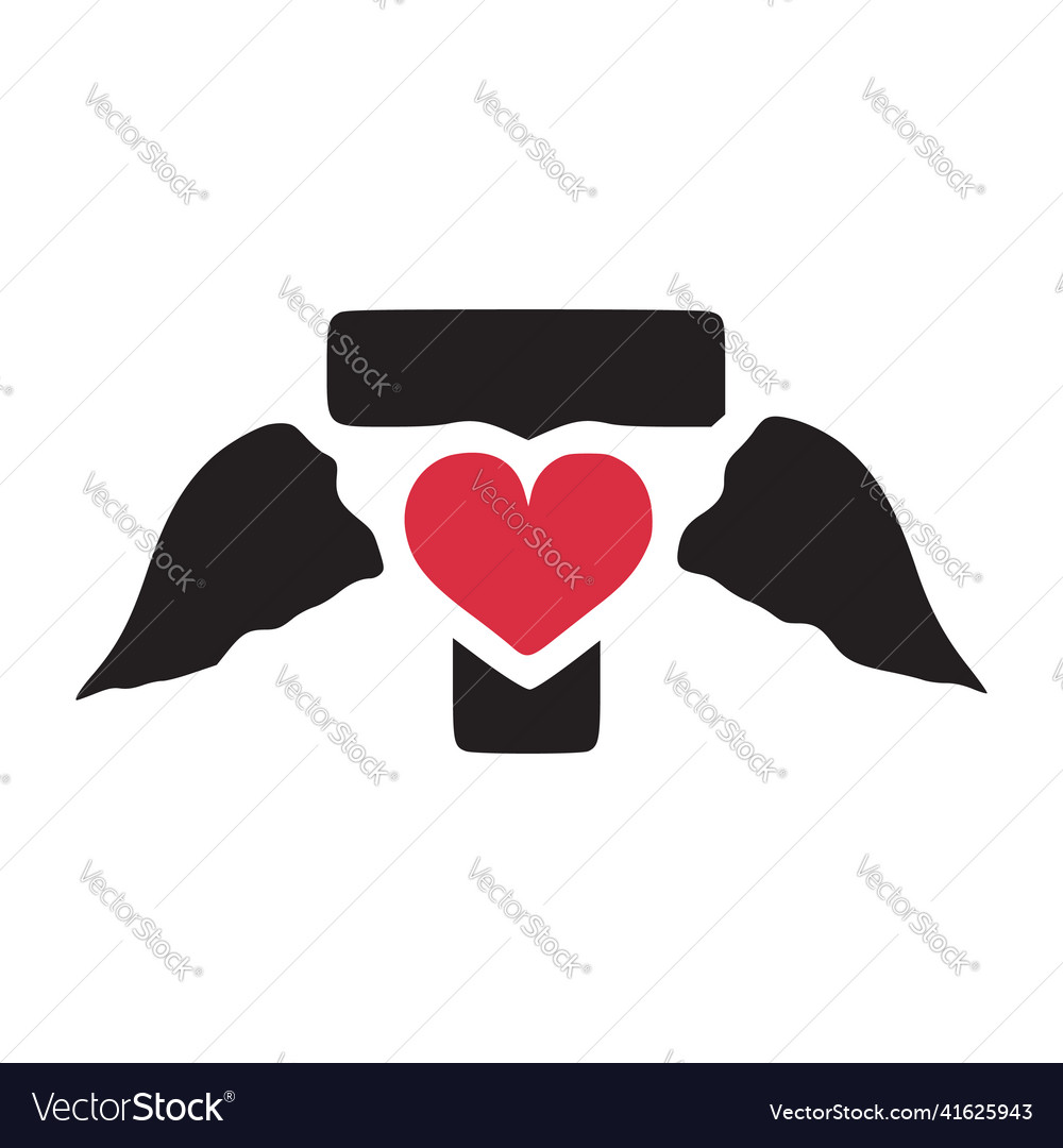 Letter t with wings and heart symbol doodle icon