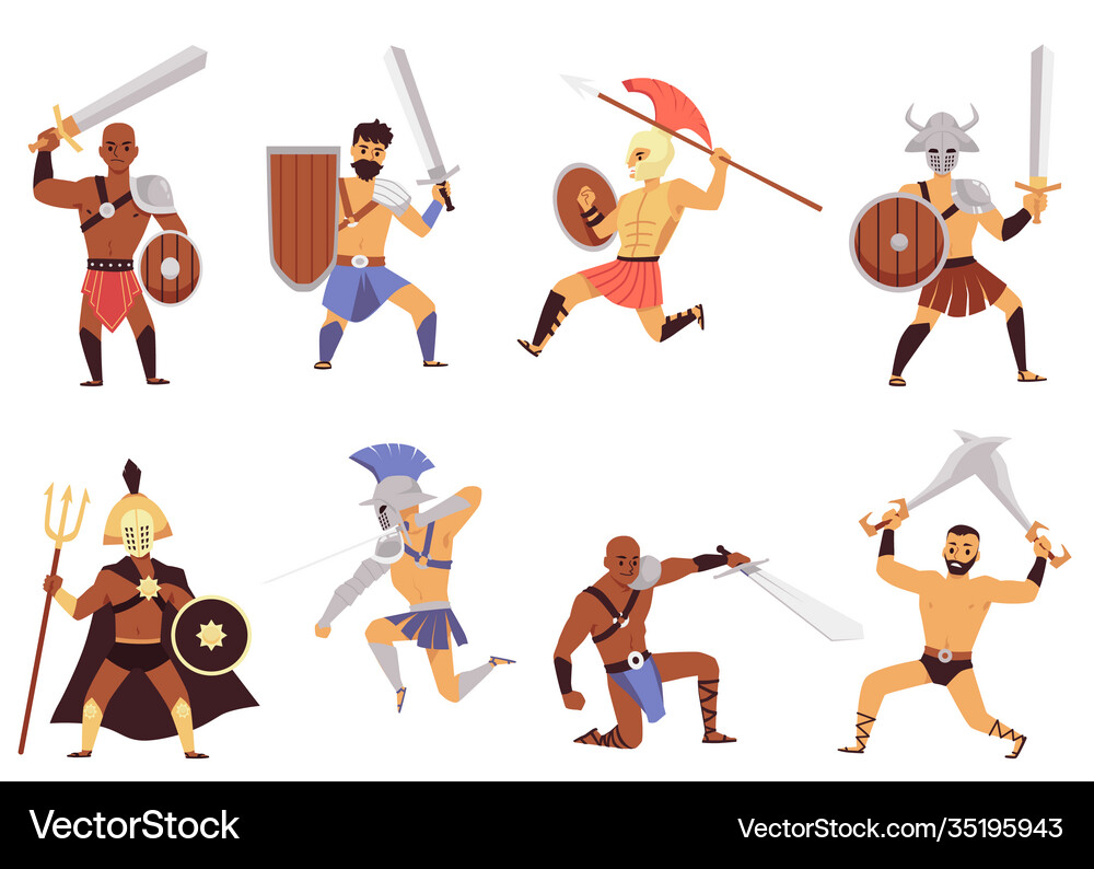 Set isolated characters gladiators Royalty Free Vector Image