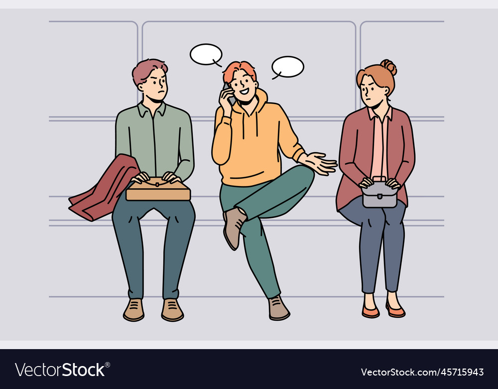 Smiling man talk on cellphone in queue