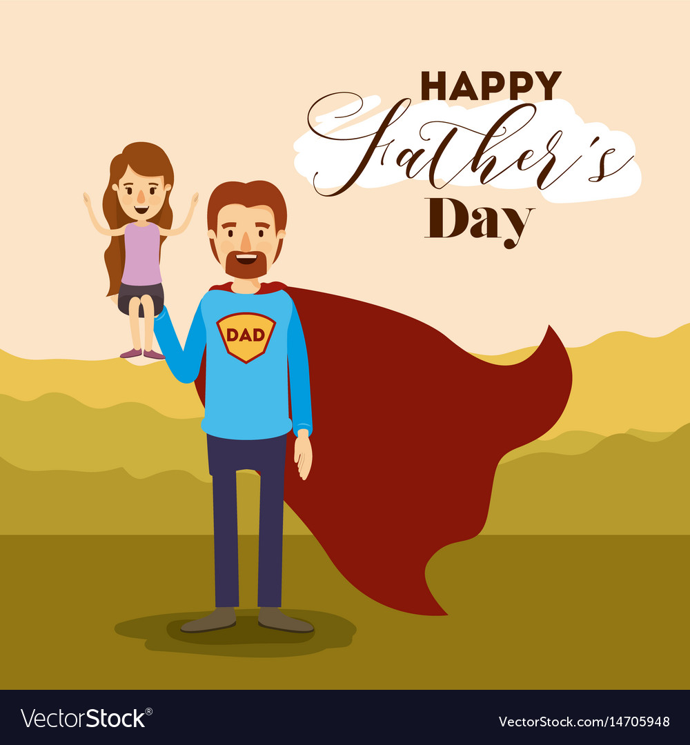 Colorful card with dad super hero and daugther Vector Image