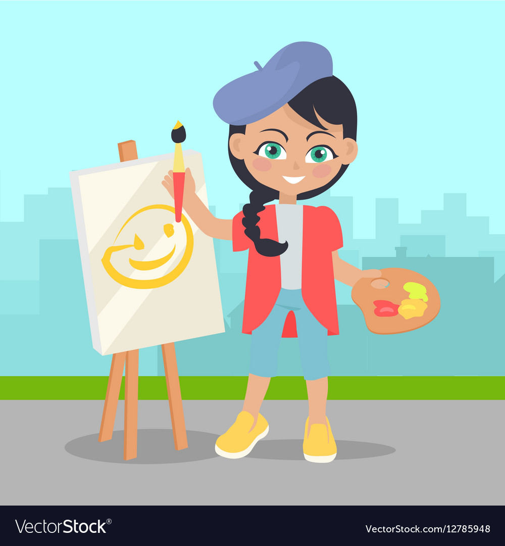 Girl drawing on easel landscape of urban city