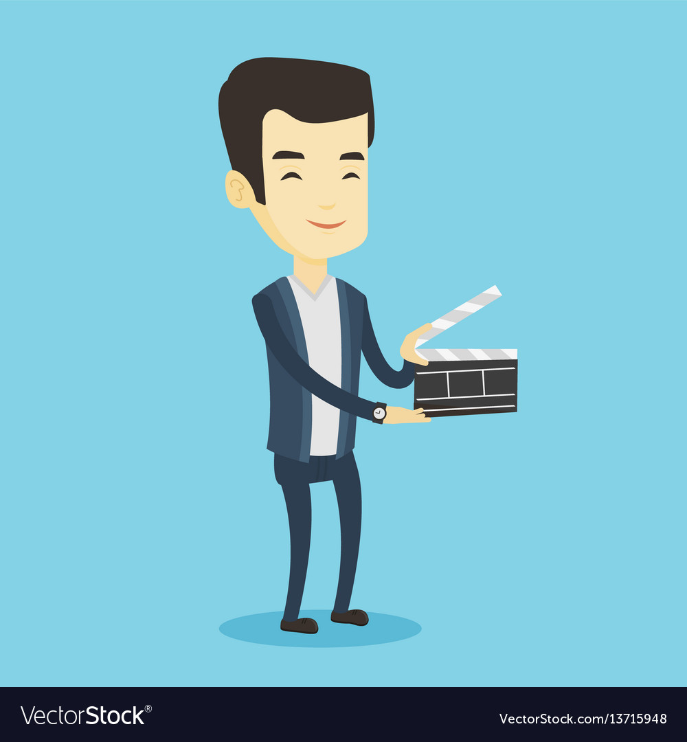 Smiling man holding an open clapperboard vector image Smiling man holding an open clapperboard