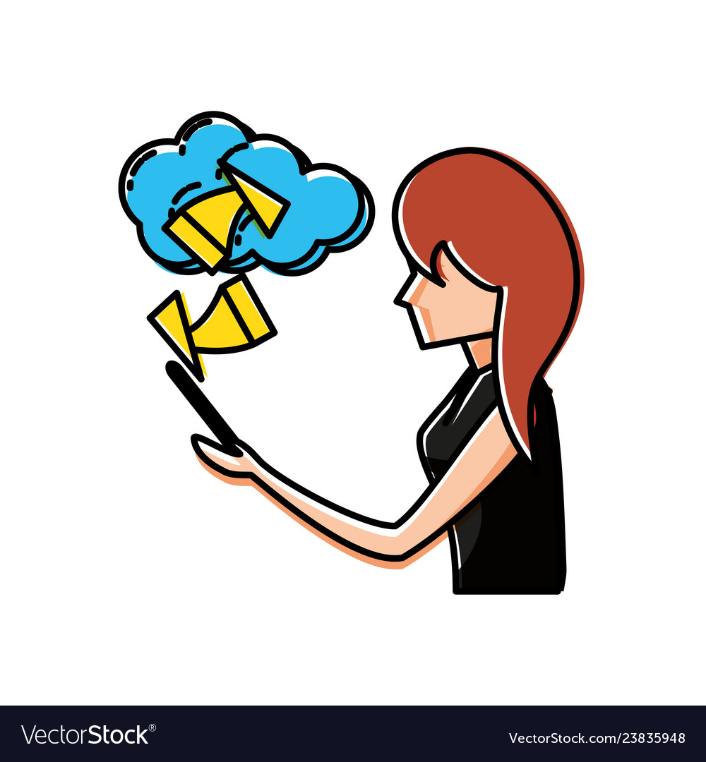 Woman using smartphone with cloud computing vector image Woman using smartphone with cloud computing