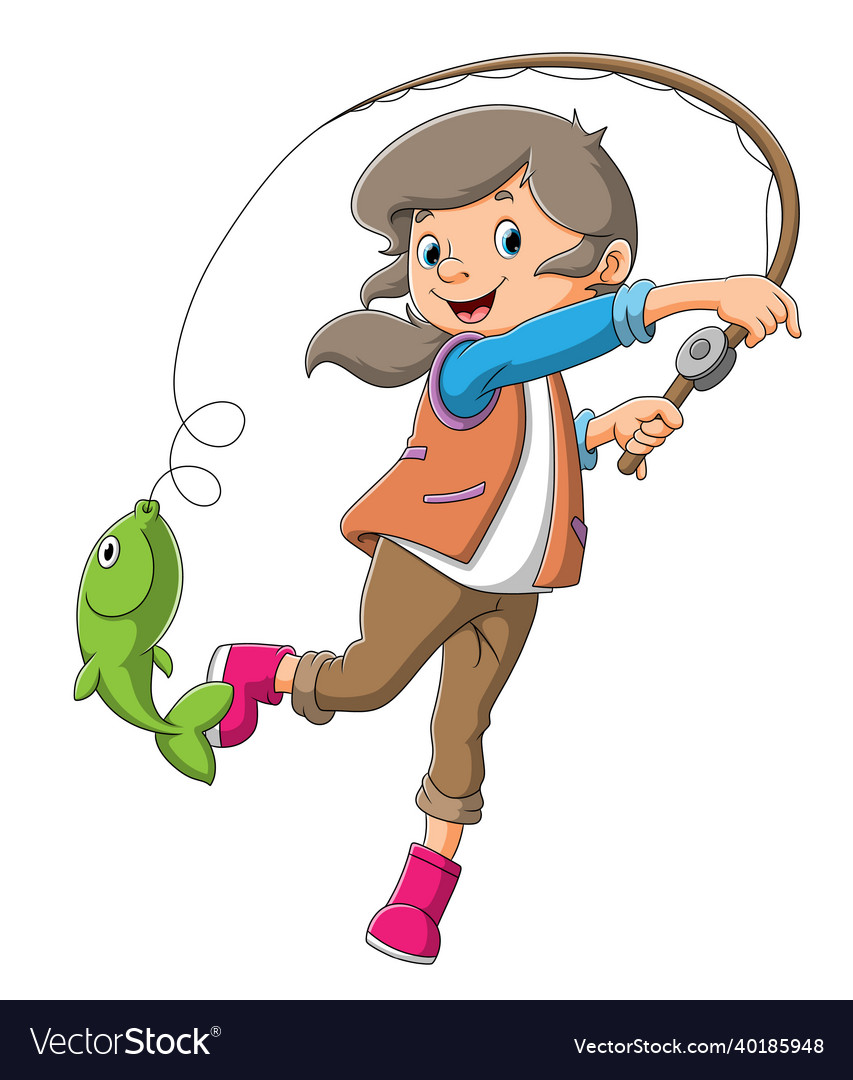 Young girl is fishing and catching the fish Vector Image