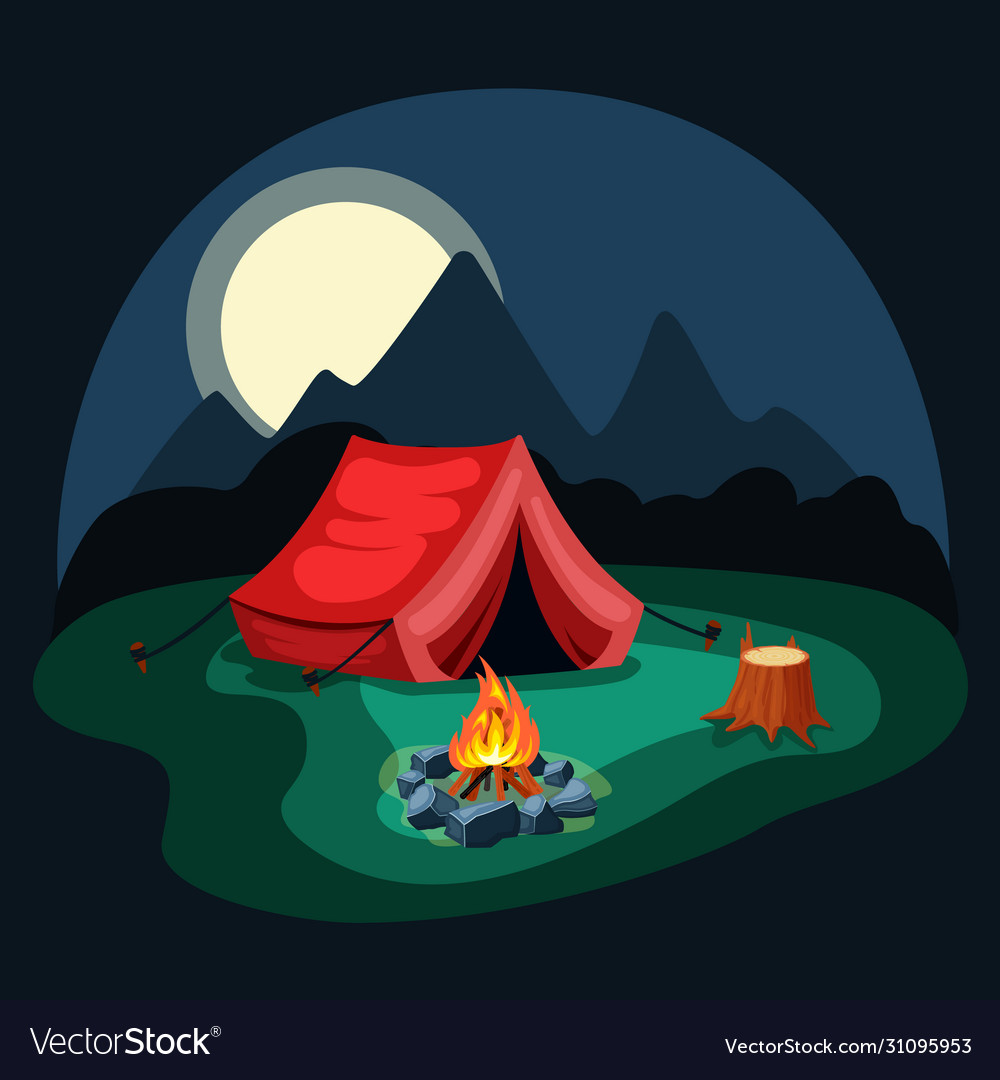 Tent at night in camp red tent on green Royalty Free Vector