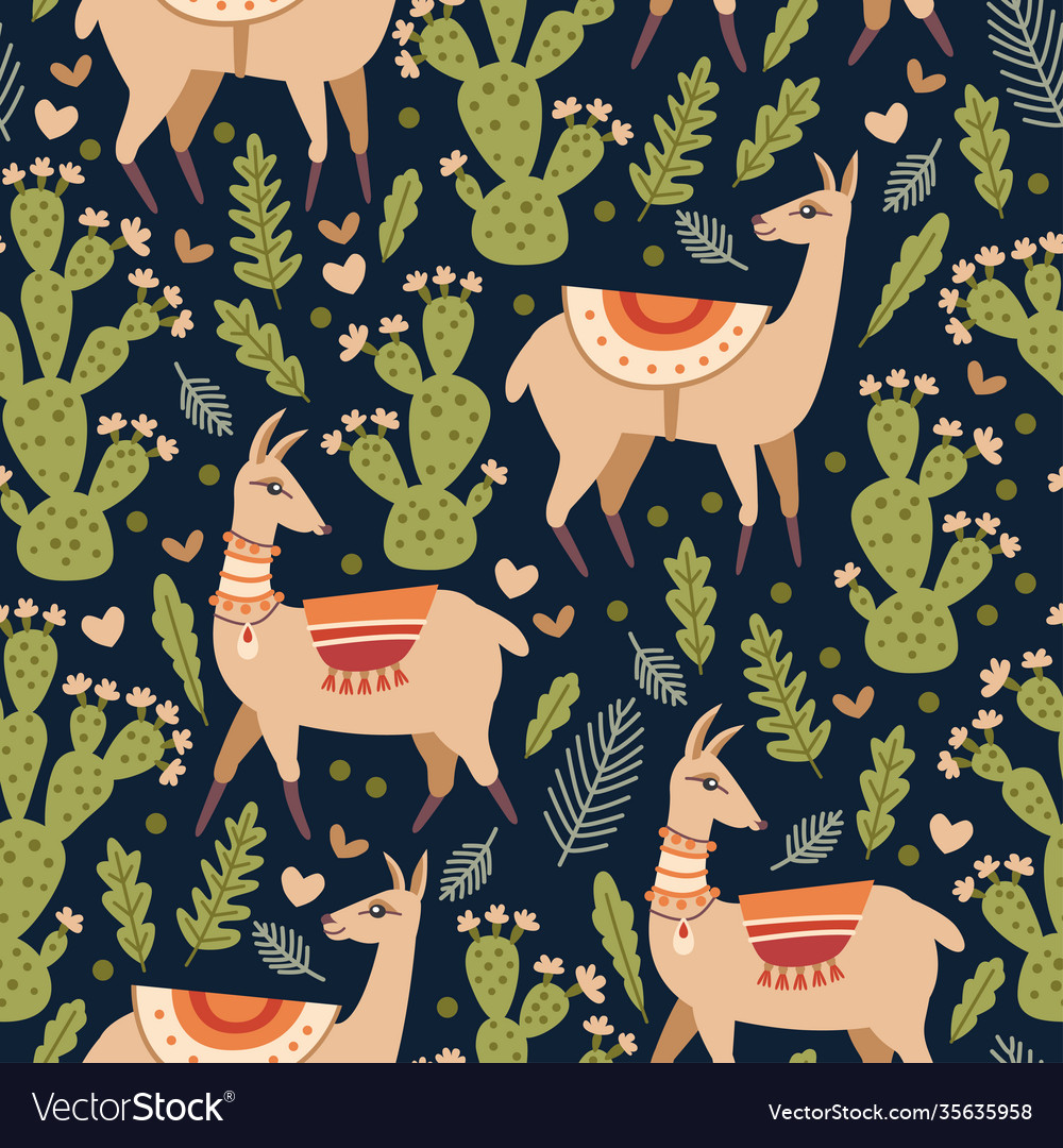 Seamless pattern with llama and cacti vector image Seamless pattern with llama and cacti