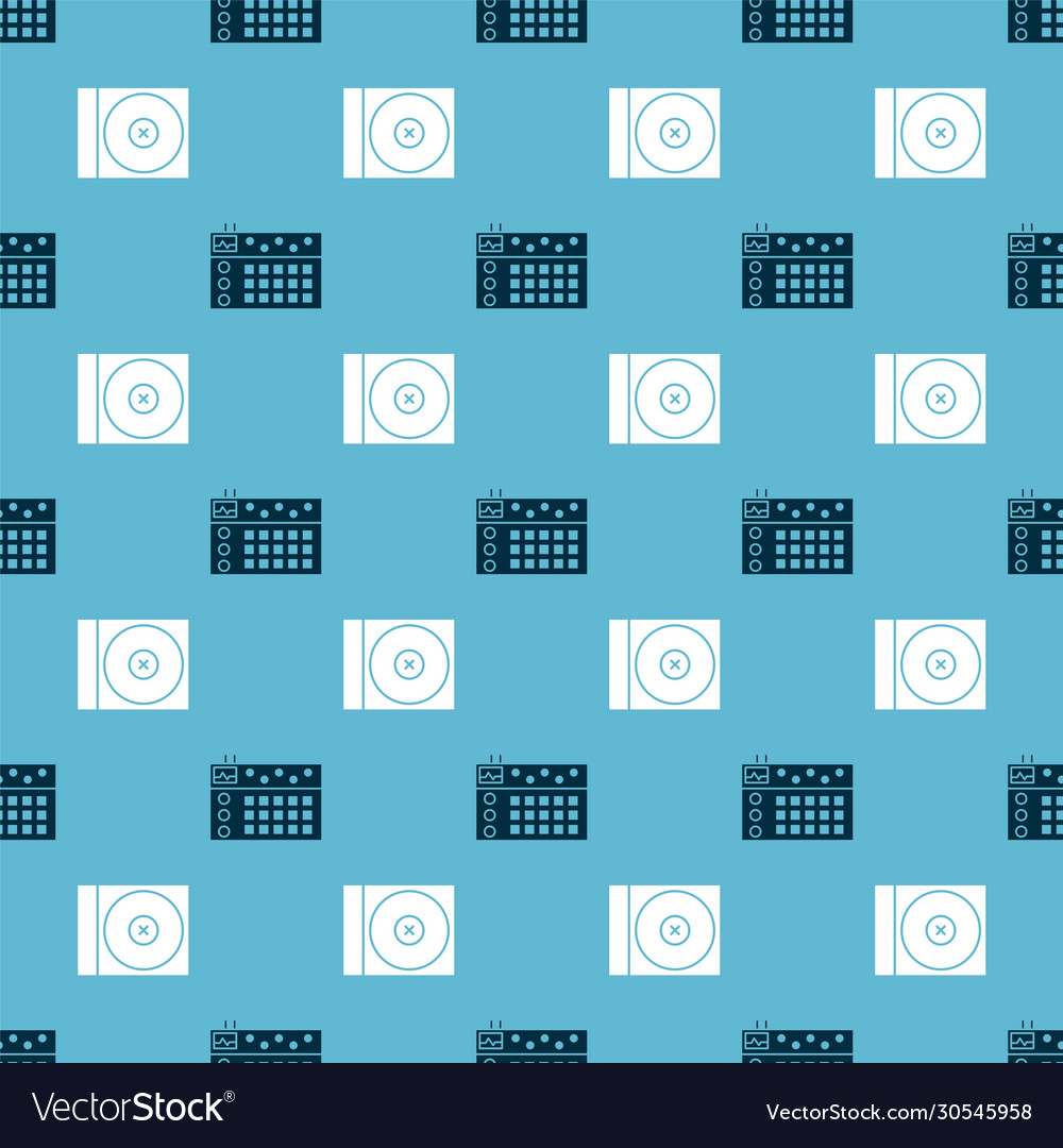 Set drum machine and cd or dvd disk on seamless vector image Set drum machine and cd or dvd disk on seamless