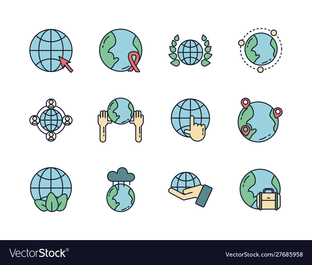 World map global icons set line filled vector image World map global icons set line filled
