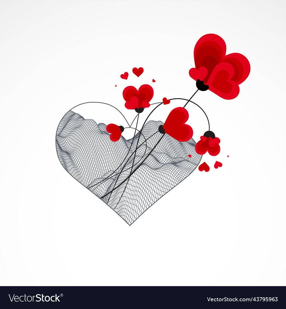 Abstract heart with flowers technical wireframe Vector Image