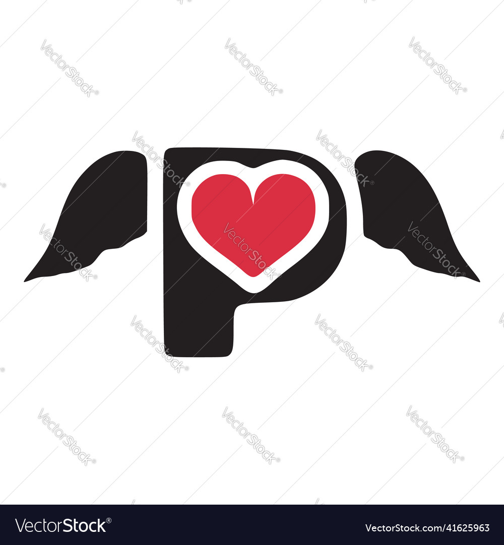 Letter p with wings and heart symbol doodle icon