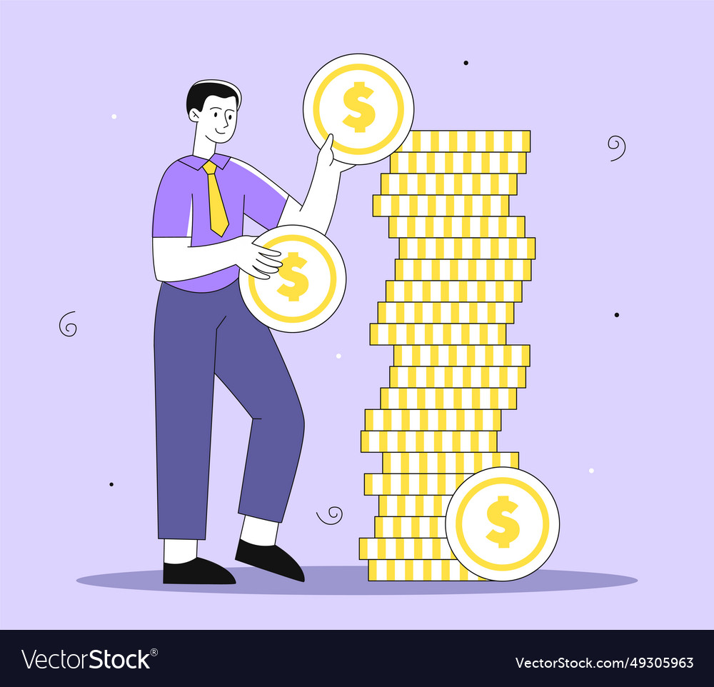 Man with stack of coins line concept vector image Man with stack of coins line concept