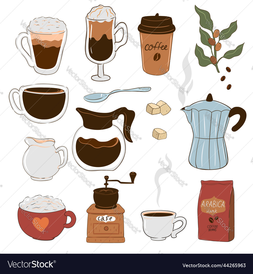 Set of coffee items isolated on white background Vector Image