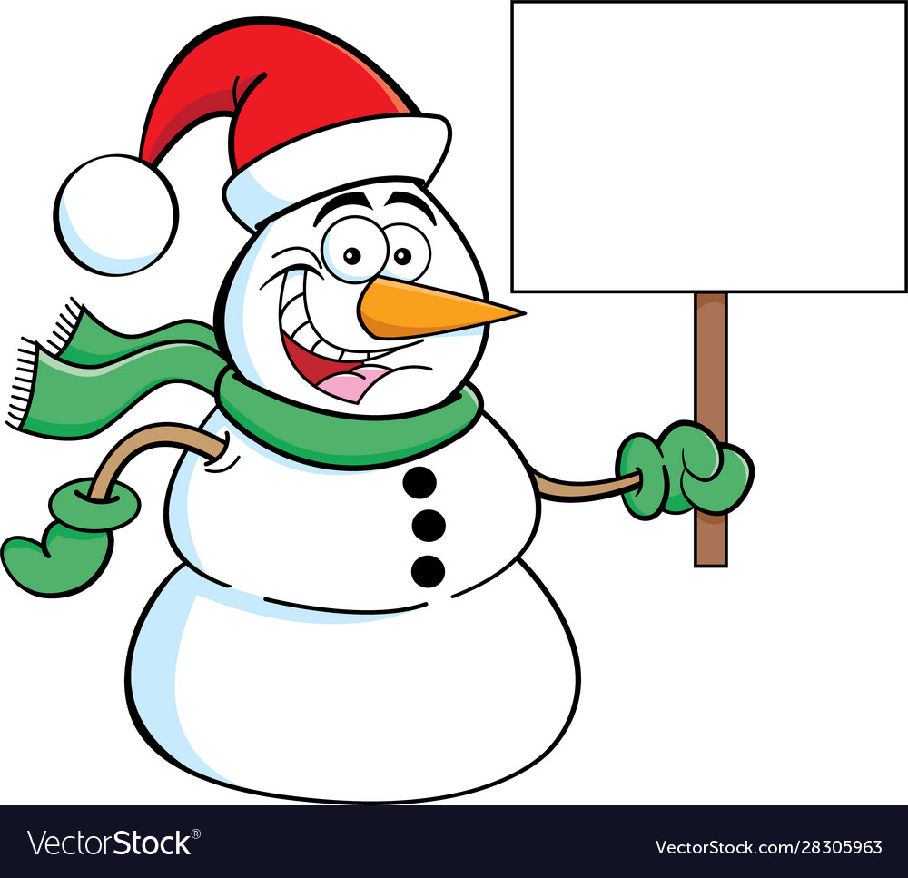 Snowman wearing a santa hat and holding sign