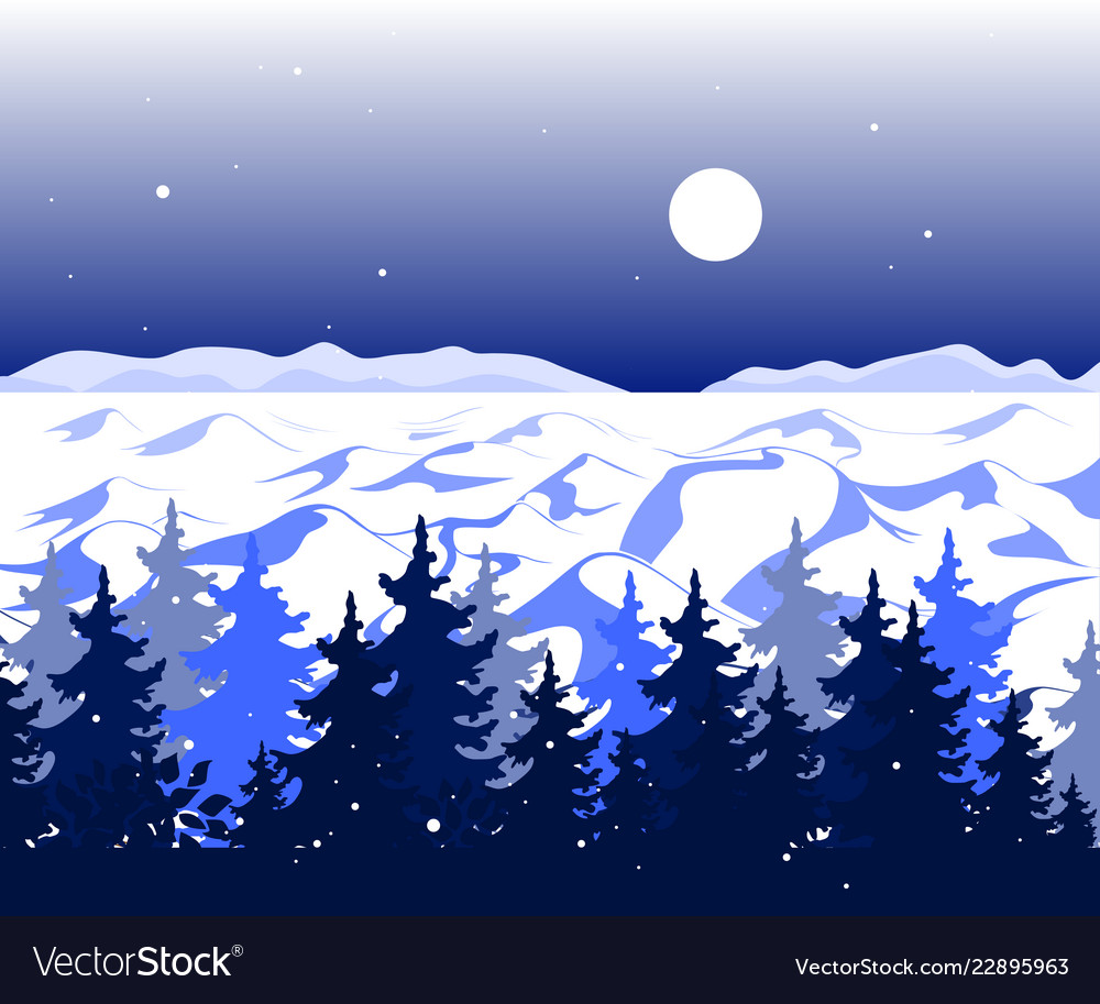 Winter panoramic landscape with trees on hills