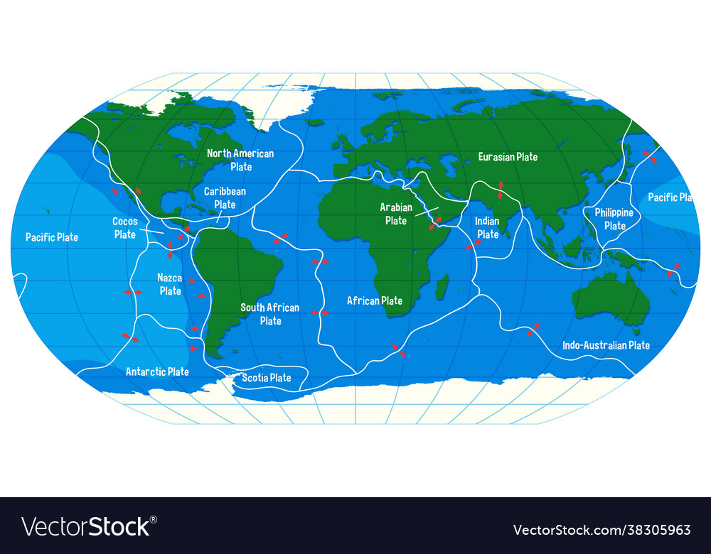 World map showing tectonic plates boundaries Vector Image