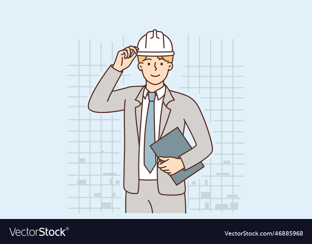 Business man in protective helmet working