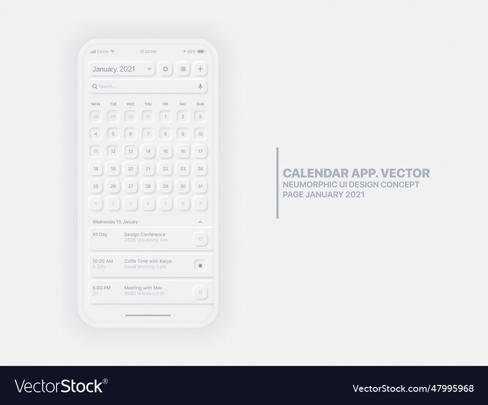 Calendar app january 2021 ui ux neumorphic design