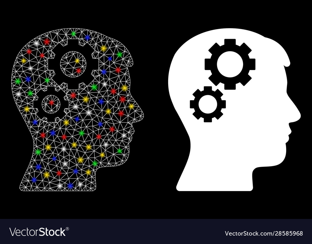 Glowing mesh network brain gears icon with light vector image Glowing mesh network brain gears icon with light