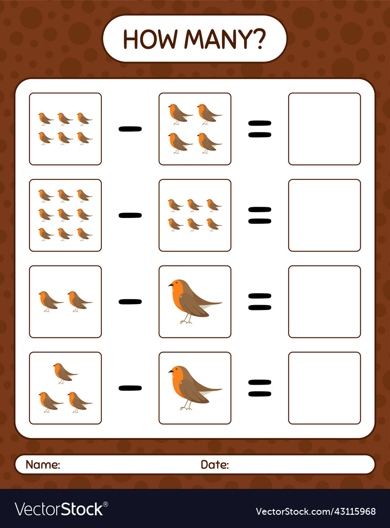 How many counting game with robin bird worksheet