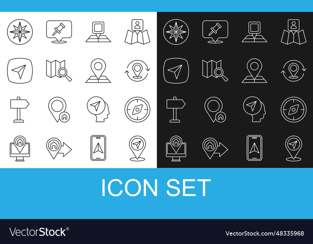 Set line map pin compass folded with location Vector Image Set line map pin compass folded with location