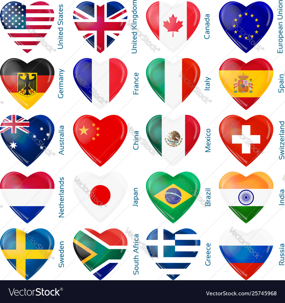 Set twenty flags in heart shape popular vector image Set twenty flags in heart shape popular