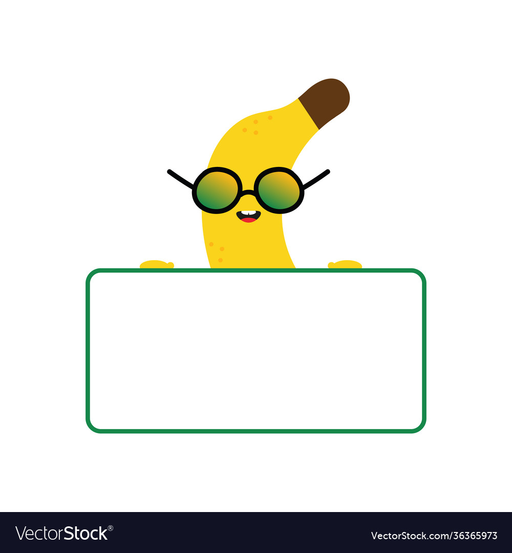 Banana character in cool sunglasses holding card