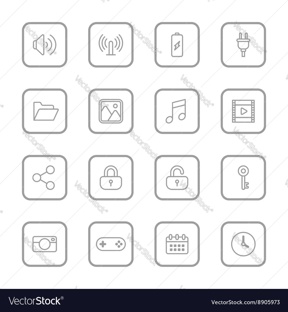 Gray line web icon set rounded rectangle frame