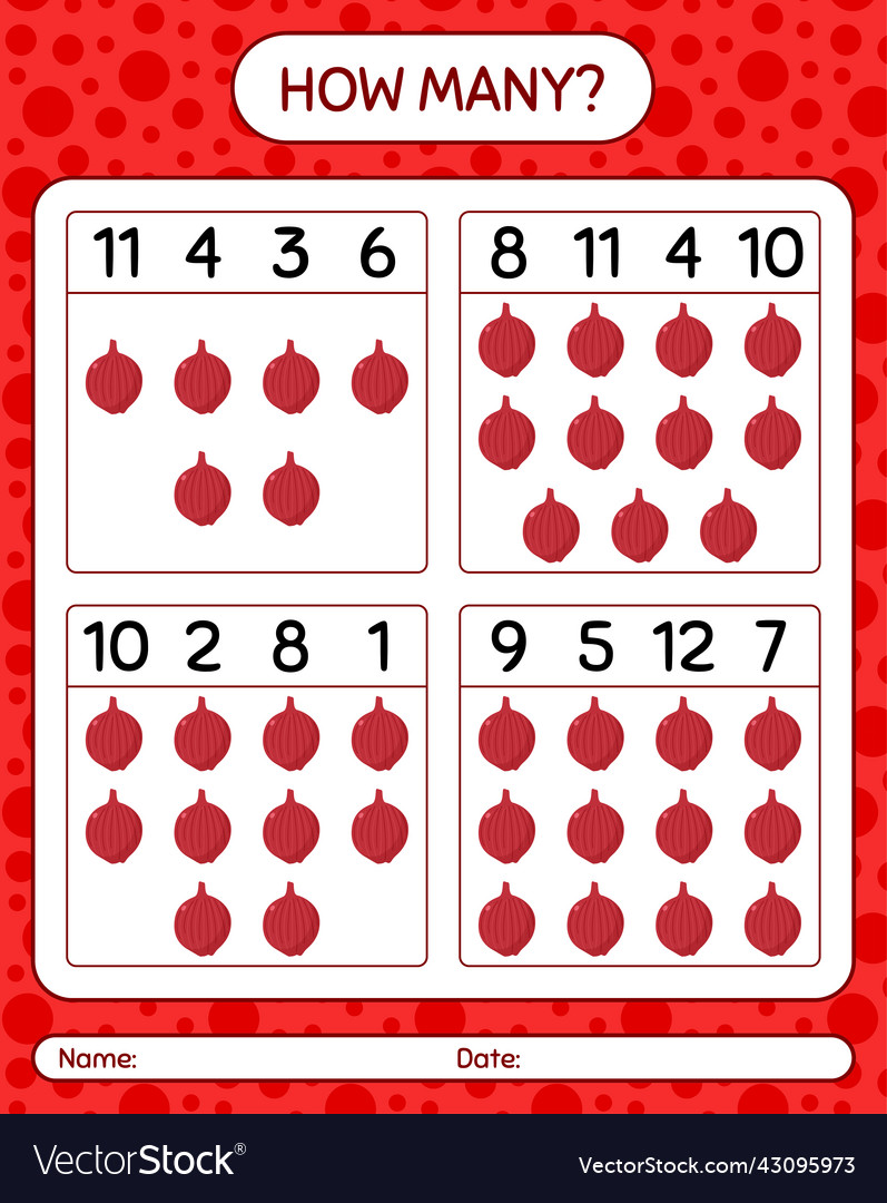 How many counting game with onion worksheet vector image How many counting game with onion worksheet