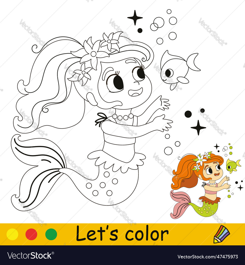 Kids coloring happy mermaid and fish Royalty Free Vector