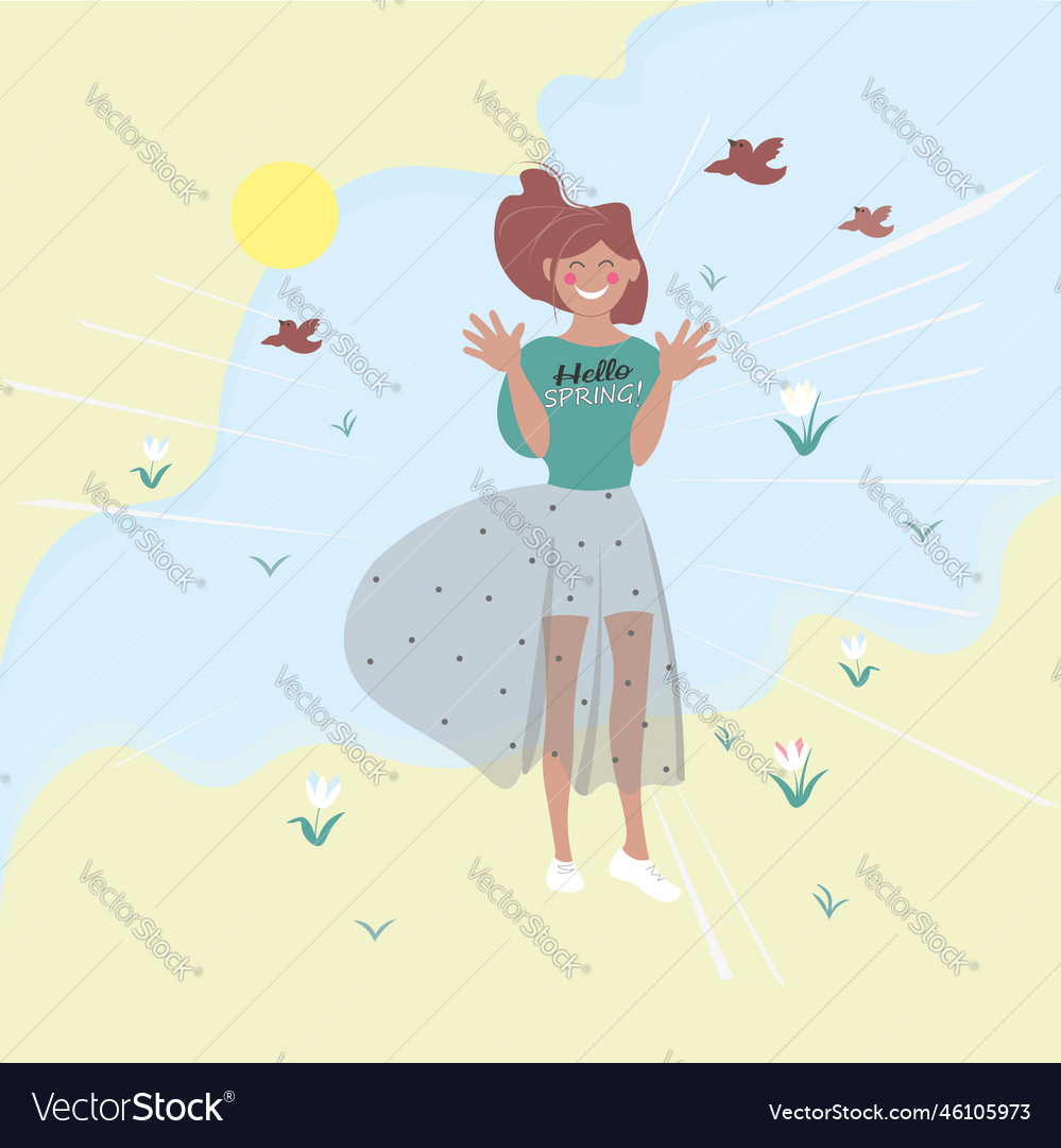 Spring wind girl rejoices at the return of