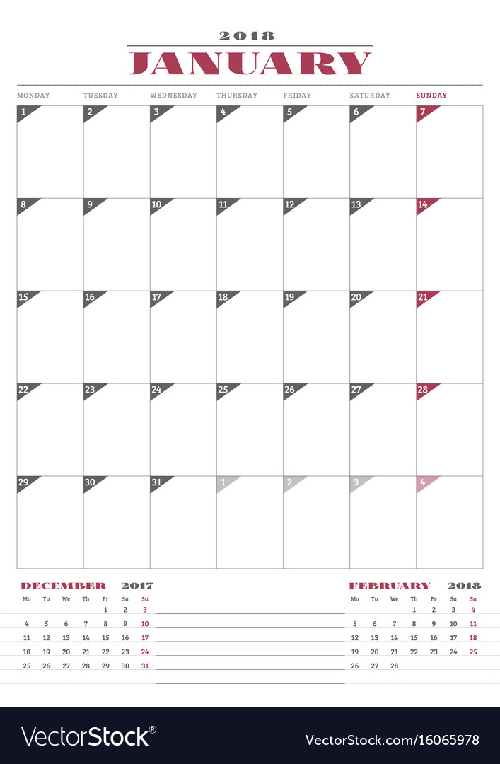 Calendar Planner Template For 2018 Year January Vector Image