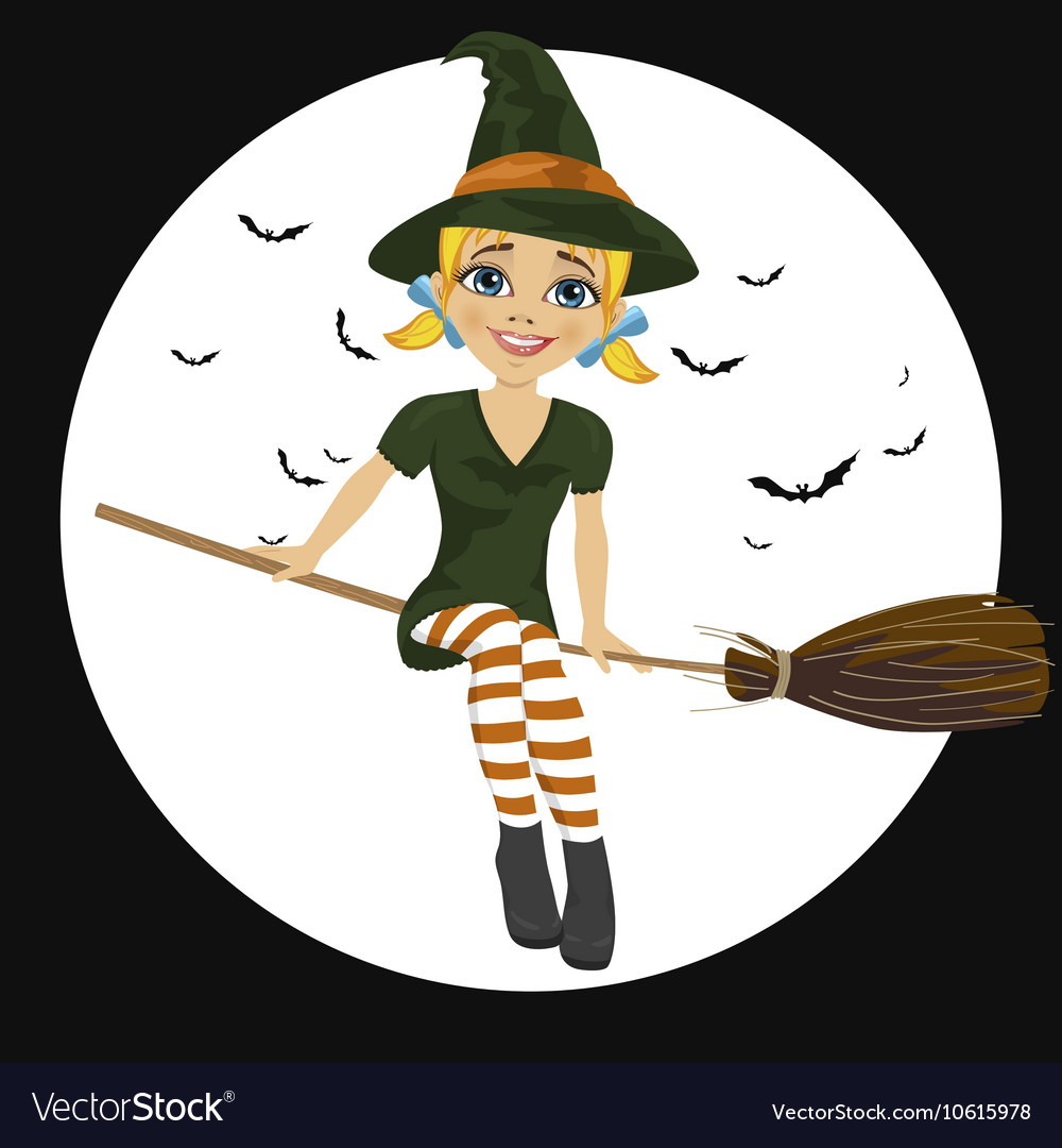 Witch in green dress flying on broom