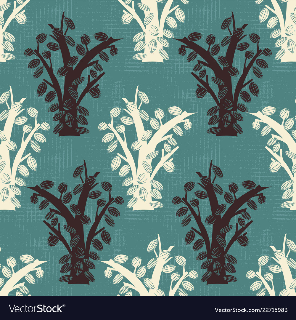 Cocoa tree silhouettes on canvas seamless pattern