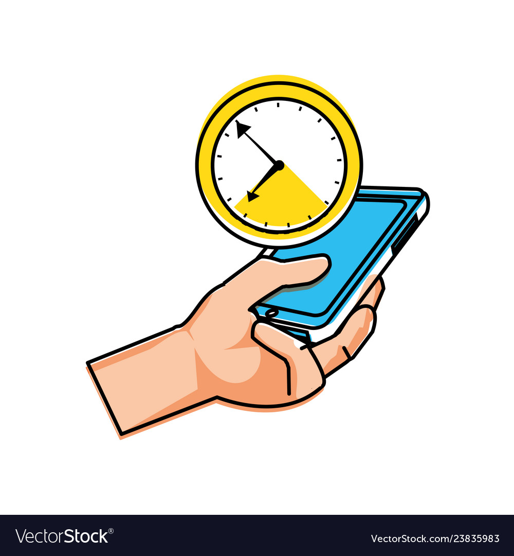 Hand using smartphone with time clock