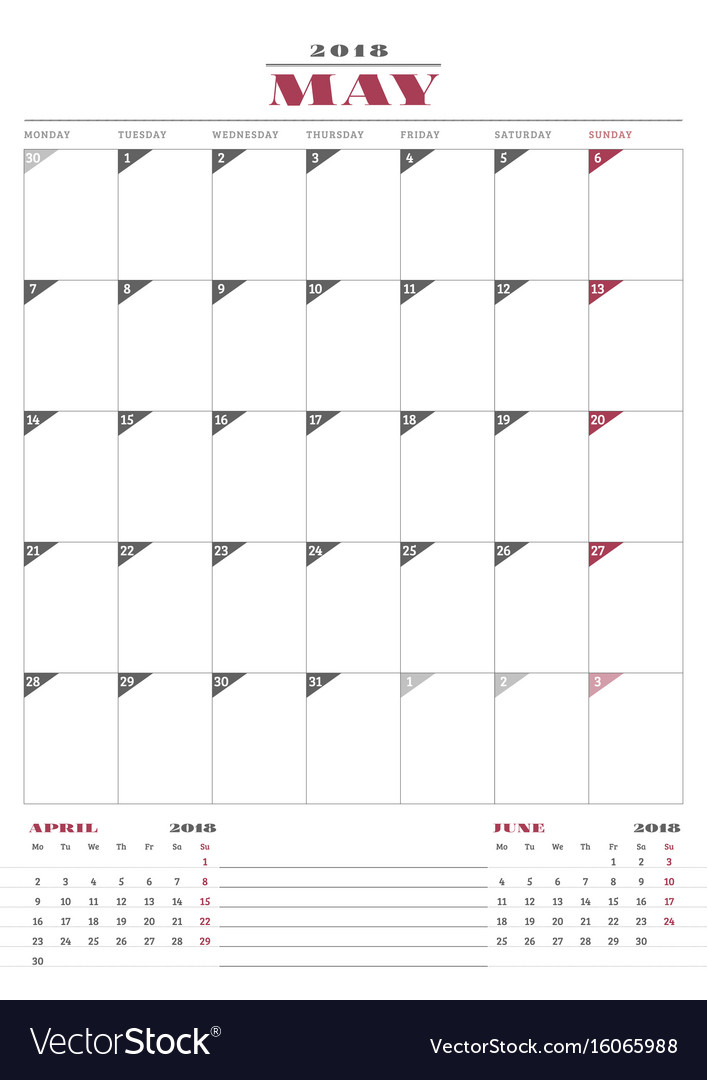 Calendar planner template for 2018 year may Vector Image