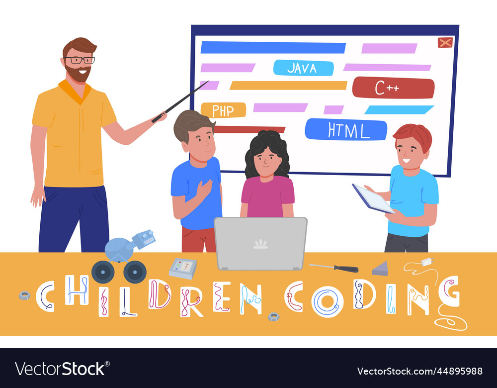 Children coding school teamwork during vector image Children coding school teamwork during