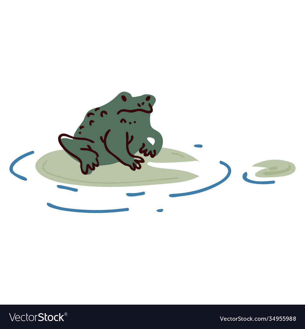 Cute cartoon frog on pond lily pad lineart