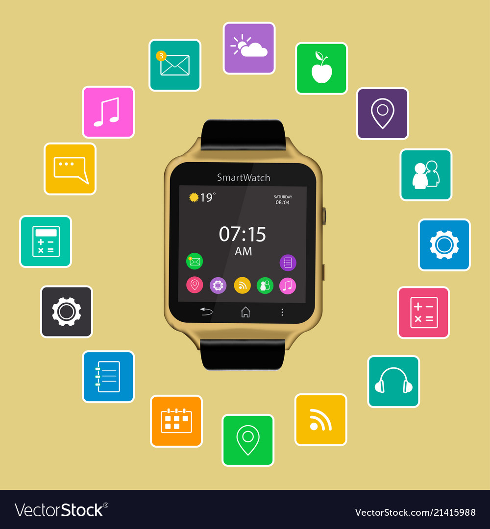 Smart watch device display with app icons vector image Smart watch device display with app icons