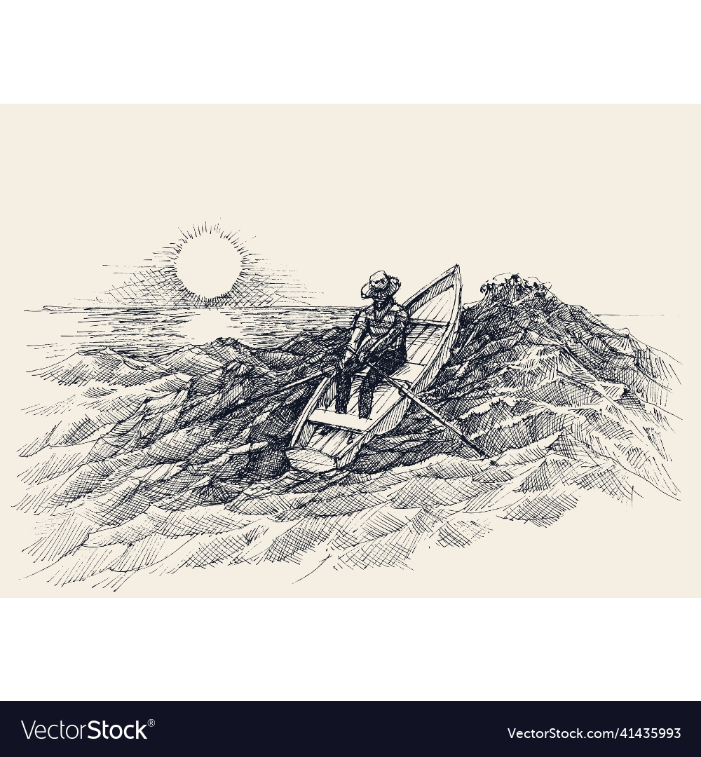 Man rowing in a boat on sea waves hand drawing Vector Image